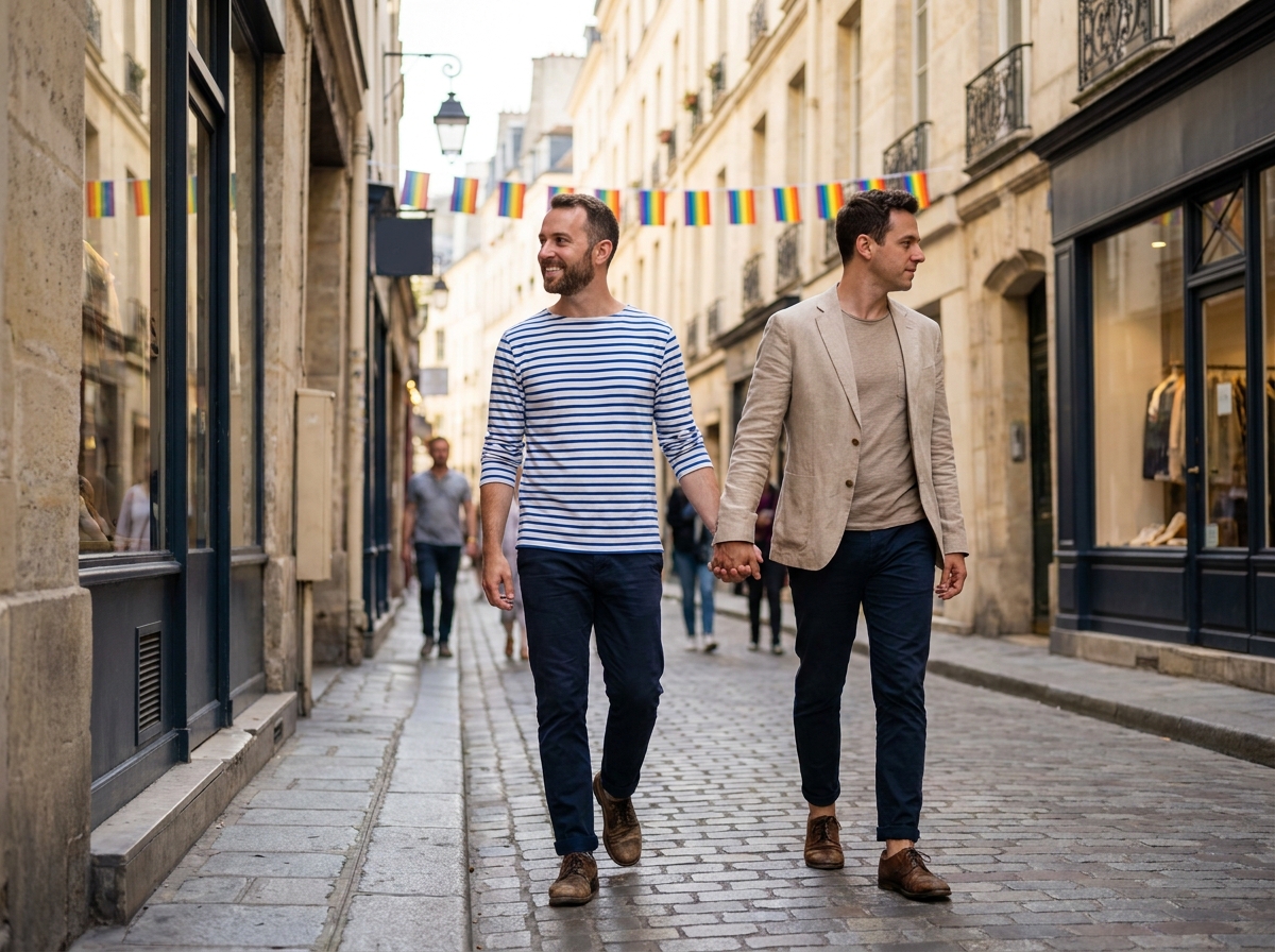 Couple gay se promenant main dans la main rue des Archives dans le Marais à Paris avec des décorations arc-en-ciel