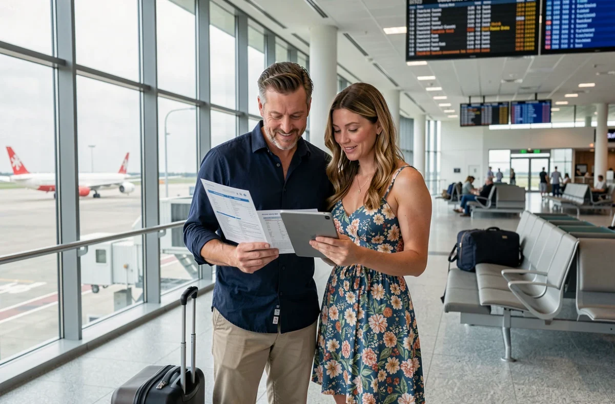 Couple consultant leur itinéraire Get Your Guide dans un aéroport avant de partir en voyage organisé