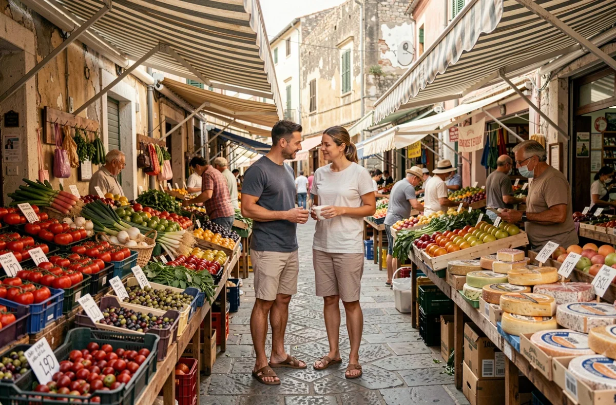Couple de voyageurs à petit budget faisant leurs courses dans un marché en plein air méditerranéen avec légumes frais et fromages locaux