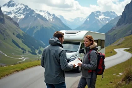 Couple en randonnée devant un motorhome dans les Alpes