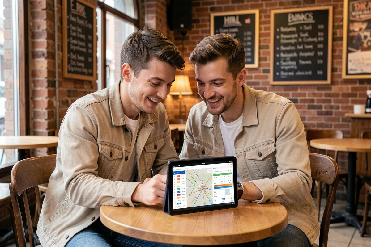 Couple planifiant un voyage pas cher avec Google Flights sur une tablette dans un café