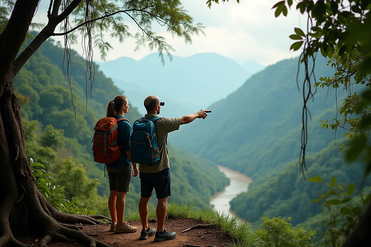 Couple de voyageurs contemplant une vallée de forêt tropicale vierge depuis un point de vue isolé en Thaïlande rurale