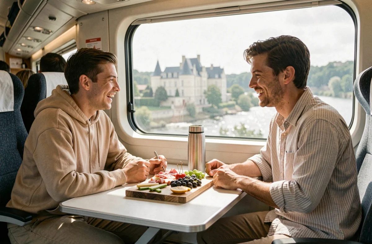 Couple profitant d'un repas à bord d'un train Intercités traversant la Vallée de la Loire, voyage durable en France