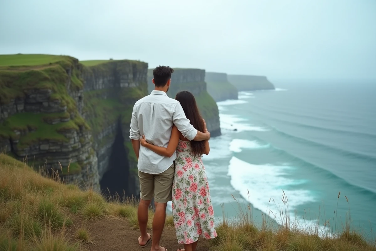 Couple romantique en escapade bord de mer sur les falaises de l'Atlantique lors d'un séjour de dernière minute