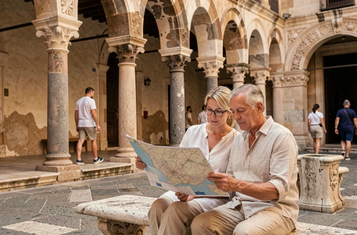Couple de touristes consultant une carte dans la cour intérieure du Palais des Normands à Palerme