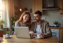 Jeune couple planifiant vacances avec bons en main