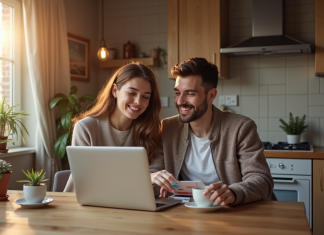 Jeune couple planifiant vacances avec bons en main