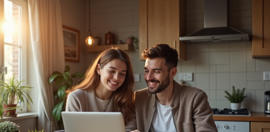 Jeune couple planifiant vacances avec bons en main