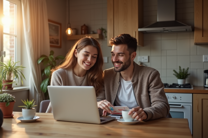 Jeune couple planifiant vacances avec bons en main