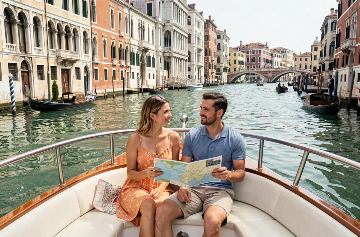 Couple de touristes assis sur le pont arrière d'un Vaporetto traversant le Grand Canal de Venise