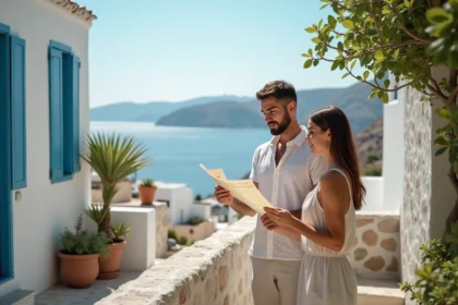 Jeune couple en linen sur la veranda de Kythira avec vue mer