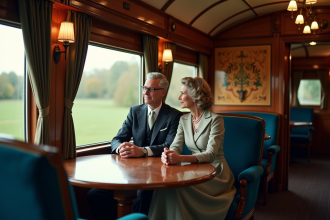 Couple élégante dans un wagon vintage Orient Express