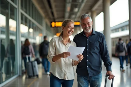 Couple souriant prêt à partir en voyage dernière minute depuis Nantes, valises à la main dans une gare moderne
