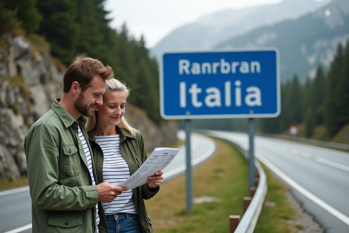 Couple de voyageurs consultant une liste de formalités devant le panneau frontière Italie dans les Alpes