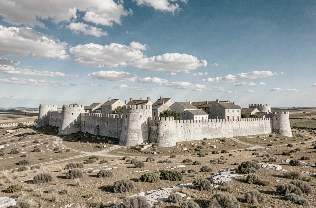 La cité templière de La Couvertoirade avec ses remparts médiévaux intacts entourant le village sur le causse du Larzac sous un ciel nuageux