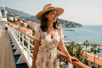 Femme sur le pont d'un bateau de croisière au départ de Nice avec vue sur la Baie des Anges