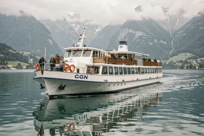 Ferry blanc de la CGN naviguant sur le lac Léman avec les Alpes enneigées en arrière-plan