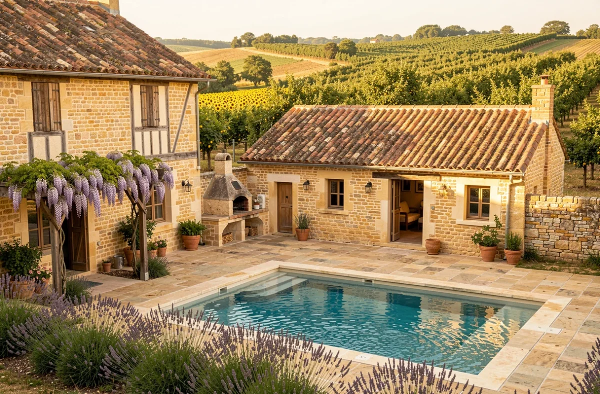 Domaine de Beaulieu en Lot-et-Garonne, ferme en pierre dorée avec piscine, pergola en glycine et vergers environnants