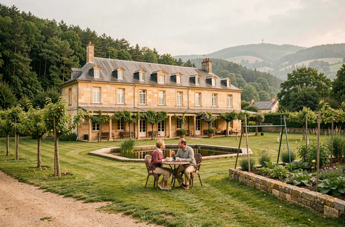 Manoir en pierre de miel du Domaine de la Domangère en Vendée, couple prenant le café sur une terrasse couverte avec jardin et collines du Puy du Fou en fond