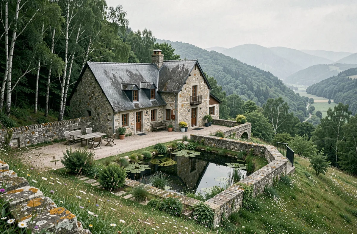 Domaine des Monédières en Corrèze, maison en pierre ardoisée sur les hauteurs boisées du massif des Monédières avec prairie fleurie