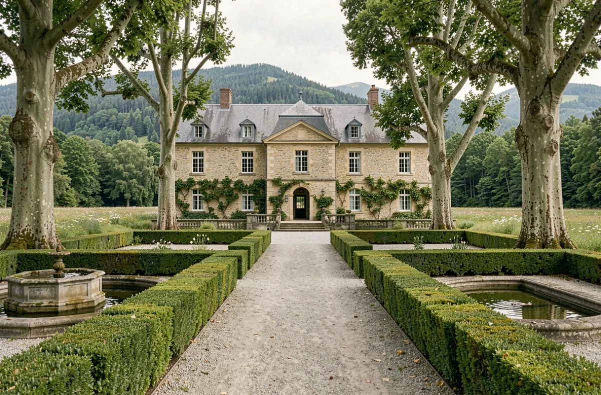 Manoir en pierre du Domaine de Nayemont à La Chaume entouré d'un jardin à la française et de forêts vosgiennes en arrière-plan