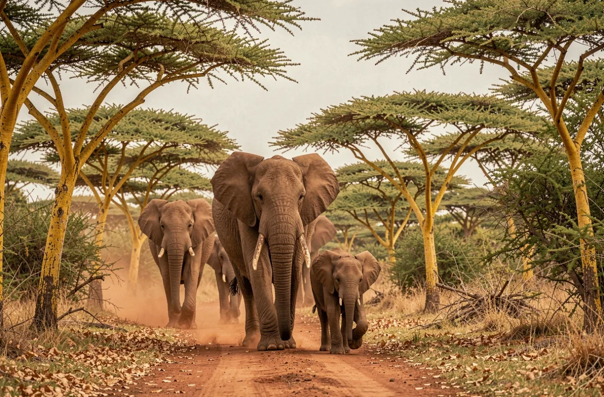 Famille d'éléphants africains traversant une forêt d'acacias dans le Serengeti