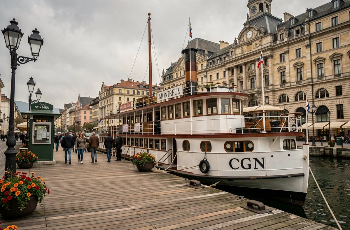Débarcadère de Montreux avec un bateau à vapeur CGN amarré et des passagers à l'embarquement