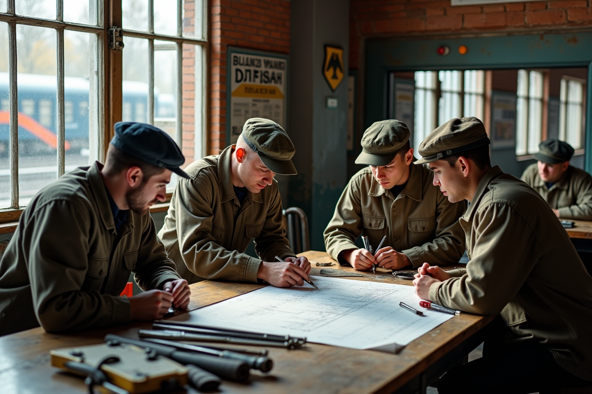 Groupe de jeunes ouvriers ferroviaires en station ancienne