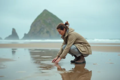 Femme explorant un bassin de marée sur la plage de Biarritz à marée basse, reflets sur le sable mouillé avec le Rocher de la Vierge en arrière-plan