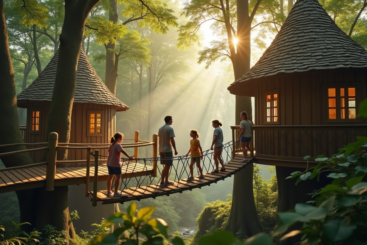 Famille dans un village dans les arbres en forêt