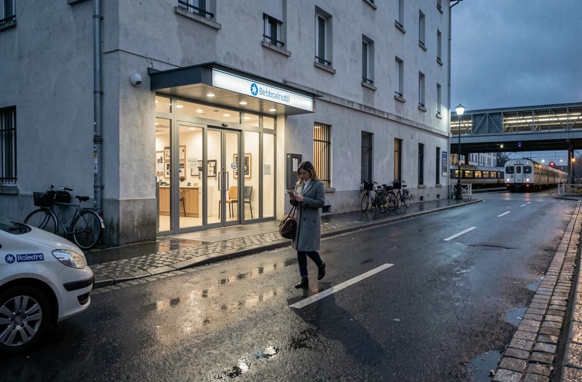 Façade extérieure d'un hôtel économique proche de la gare de Strasbourg la nuit, voyageuse arrivant avec son bagage avant un vol à Entzheim