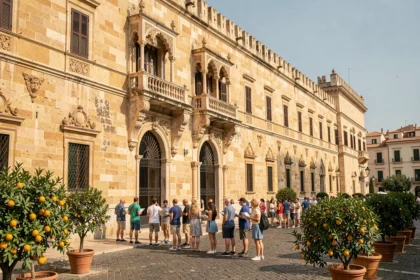 Façade extérieure du Palais des Normands à Palerme avec des touristes faisant la queue en haute saison estivale