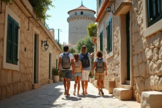 Famille se promenant dans les ruelles en pierre d'Areopoli Mani en Grèce, avec des maisons-tours byzantines en arrière-plan