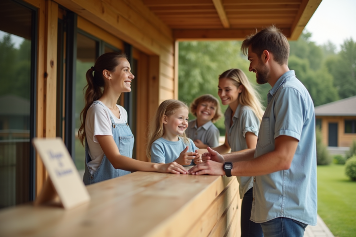 famille-camping-reception Famille souriante à la réception d'un camping haut de gamme