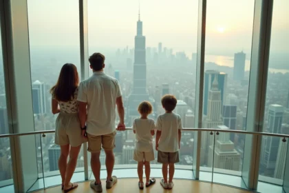Famille avec enfants admirant la vue panoramique depuis le sommet du Burj Khalifa à Dubaï