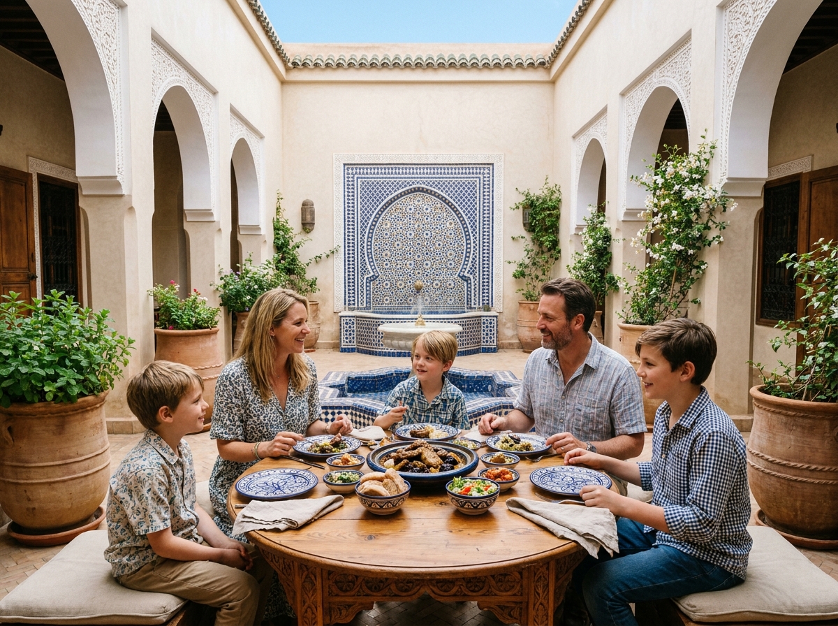 Famille prenant un repas traditionnel marocain autour d'une table en bois sculpté dans le patio d'un riad au Maroc
