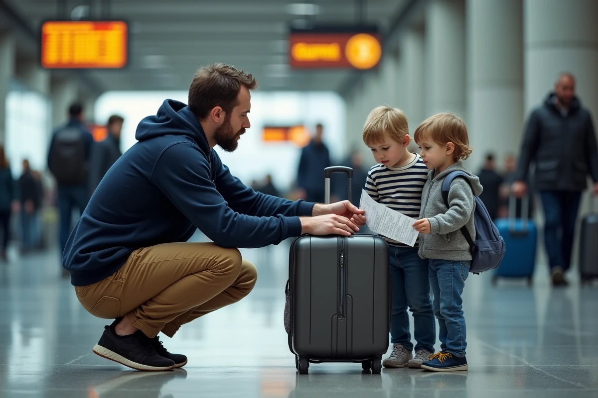 Père et enfants dans un terminal de bus vérifiant les départs pour le trajet Montréal New York en famille