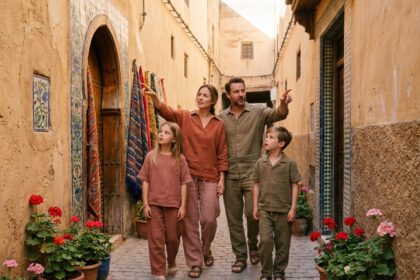 Famille se promenant dans les ruelles colorées d'une médina marocaine lors d'un voyage en famille au Maroc