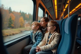 Famille de quatre personnes voyageant en train entre Montréal et New York, enfants regardant par la fenêtre un paysage automnal canadien