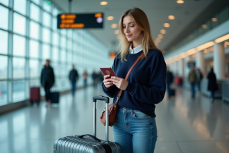 Femme vérifiant son passeport dans un aéroport