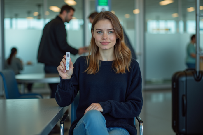 Jeune femme à l'aéroport montrant un rasoir jetable