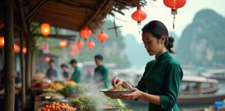 Femme vietnamienne en ao dai vert préparant pho au marché