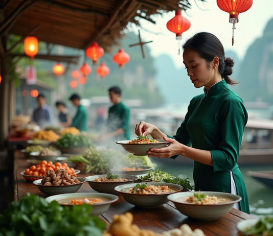 Gastronomie et culture dans la baie d’Halong : une expérience inédite Femme vietnamienne en ao dai vert préparant pho au marché