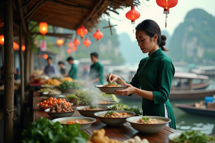 Femme vietnamienne en ao dai vert préparant pho au marché
