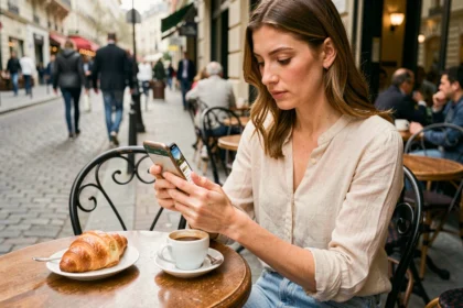 Femme consultant l'application Get Your Guide dans un café parisien pour organiser son voyage