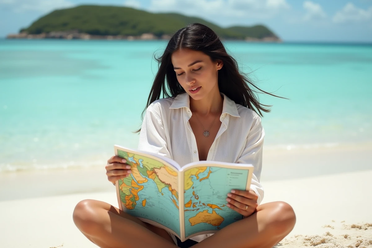 Femme consultant un atlas ouvert sur les îles de l'océan Indien assise sur une plage des Maldives avec un lagon turquoise en arrière-plan