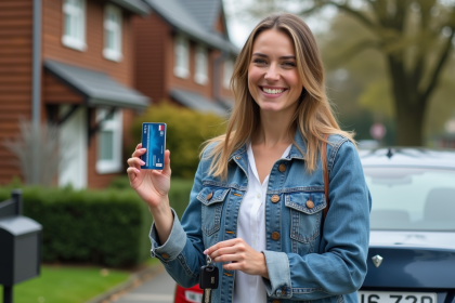 Femme belge souriante avec permis et clés devant voiture