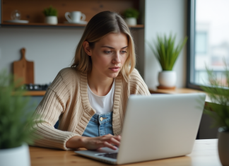 Meilleure période pour trouver des billets d’avion moins chers : conseils pratiques Jeune femme regardant des offres de vol sur son ordinateur