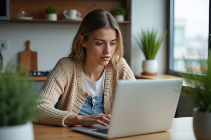 femme-bureau-voyage-ordinateur Jeune femme regardant des offres de vol sur son ordinateur