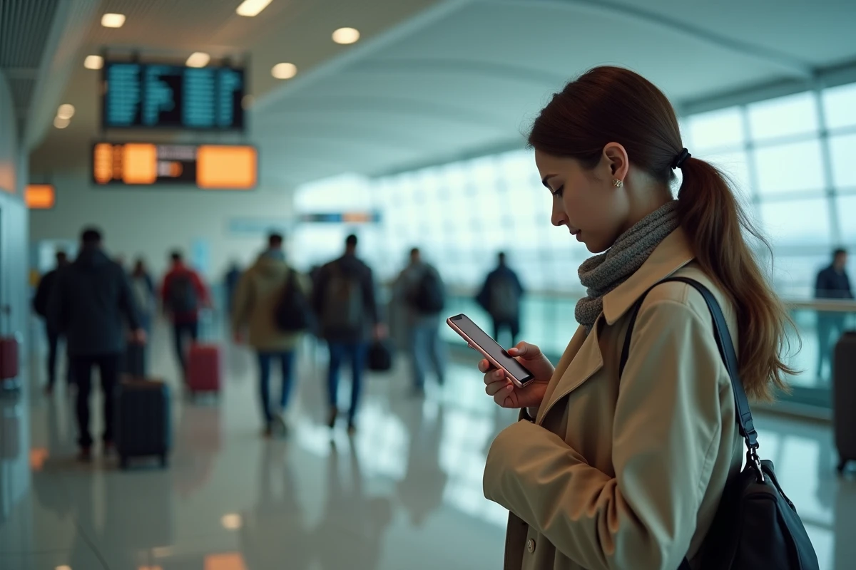 Femme consultant les coordonnées Air Algérie sur son smartphone dans un terminal d'aéroport